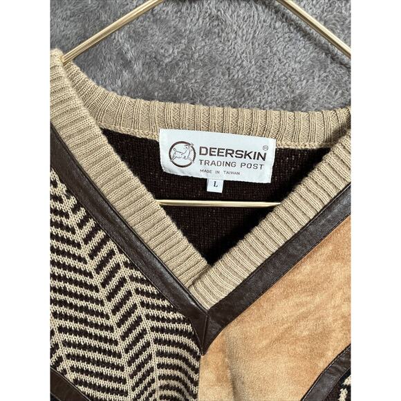 Deerskin Trading Post Sweater Large Wool Suede Brown V Neck Southwestern Vtg - Picture 2 of 16